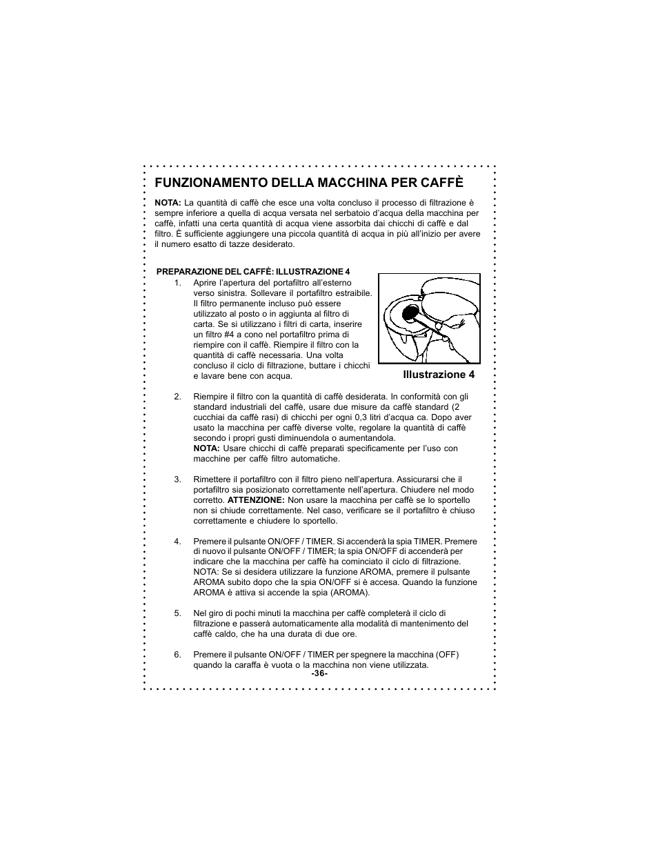 Funzionamento della macchina per caffè | DeLonghi DC59TW User Manual | Page 36 / 44