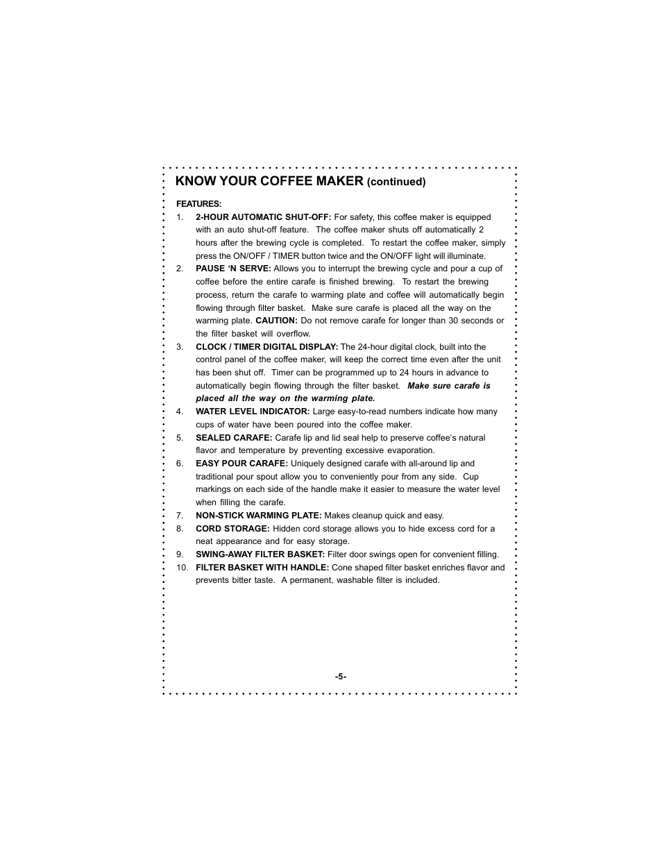 Know your coffee maker | DeLonghi DC59TW User Manual | Page 5 / 44