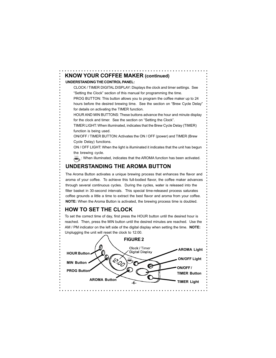 Understanding the aroma button, Know your coffee maker, How to set the clock | DeLonghi DC59TW User Manual | Page 6 / 44