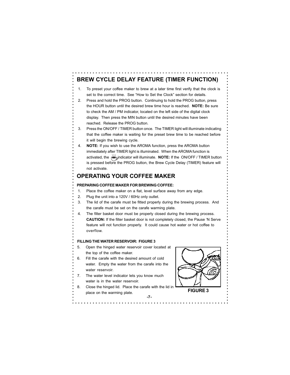 Brew cycle delay feature (timer function), Operating your coffee maker | DeLonghi DC59TW User Manual | Page 7 / 44
