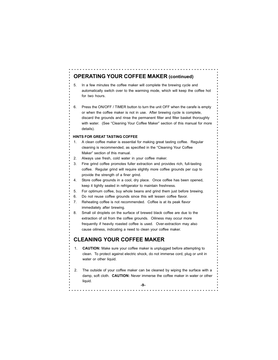 Operating your coffee maker, Cleaning your coffee maker | DeLonghi DC59TW User Manual | Page 9 / 44