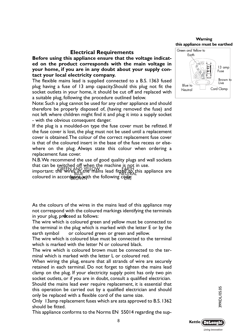 Electrical requirements | DeLonghi KBX3016 User Manual | Page 8 / 8