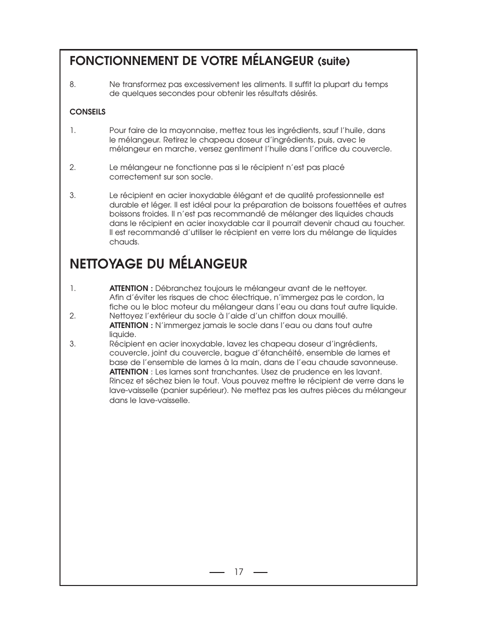 Nettoyage du mélangeur, Fonctionnement de votre mélangeur, Suite) | DeLonghi DBL750 Series User Manual | Page 17 / 40