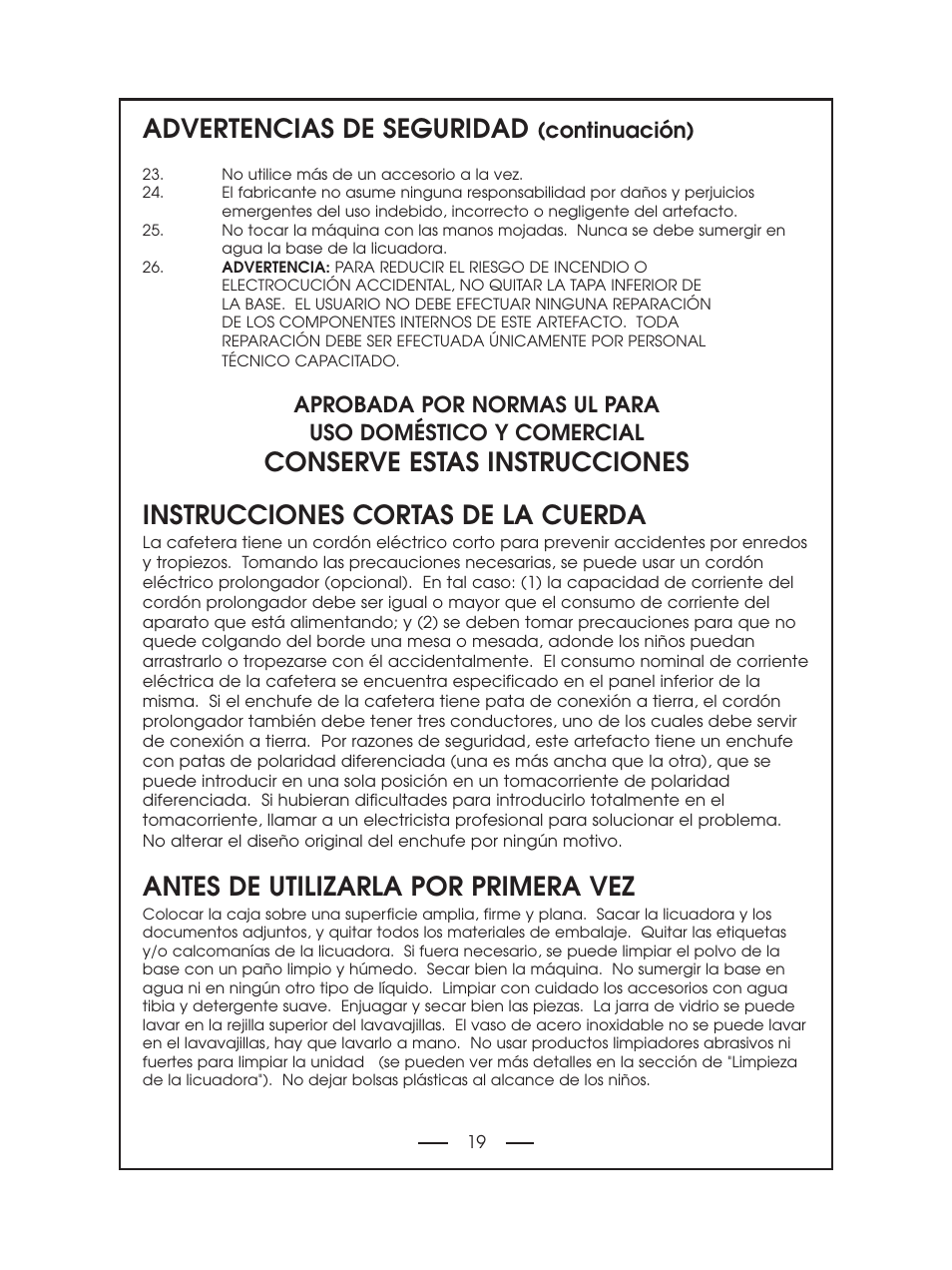 Advertencias de seguridad, Antes de utilizarla por primera vez | DeLonghi DBL750 Series User Manual | Page 19 / 40