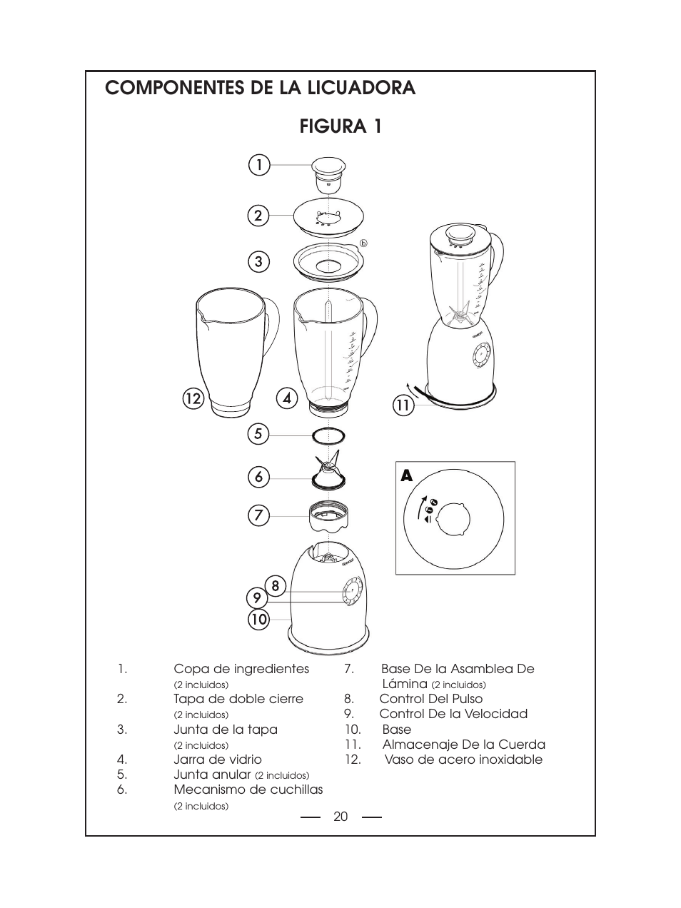 Componentes de la licuadora figura 1 | DeLonghi DBL750 Series User Manual | Page 20 / 40