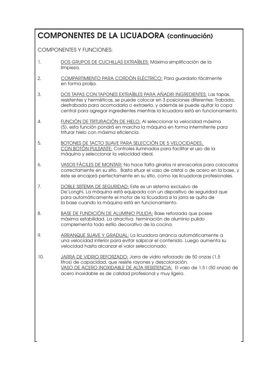 Componentes de la licuadora, Continuación) | DeLonghi DBL750 Series User Manual | Page 21 / 40