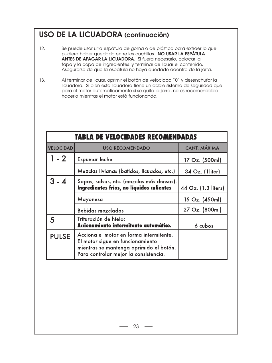 Uso de la licuadora, Continuación) | DeLonghi DBL750 Series User Manual | Page 23 / 40