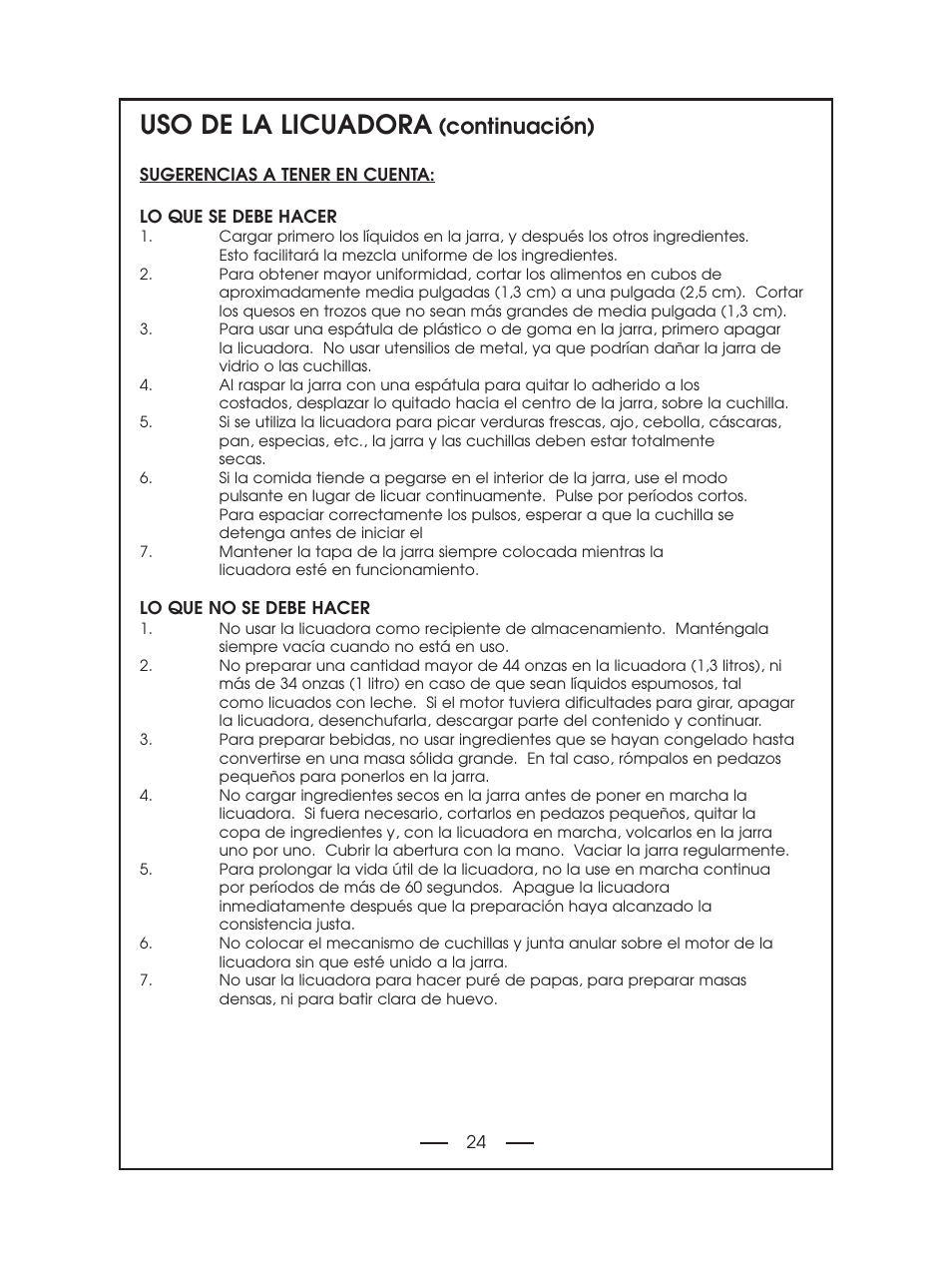 Uso de la licuadora, Continuación) | DeLonghi DBL750 Series User Manual | Page 24 / 40