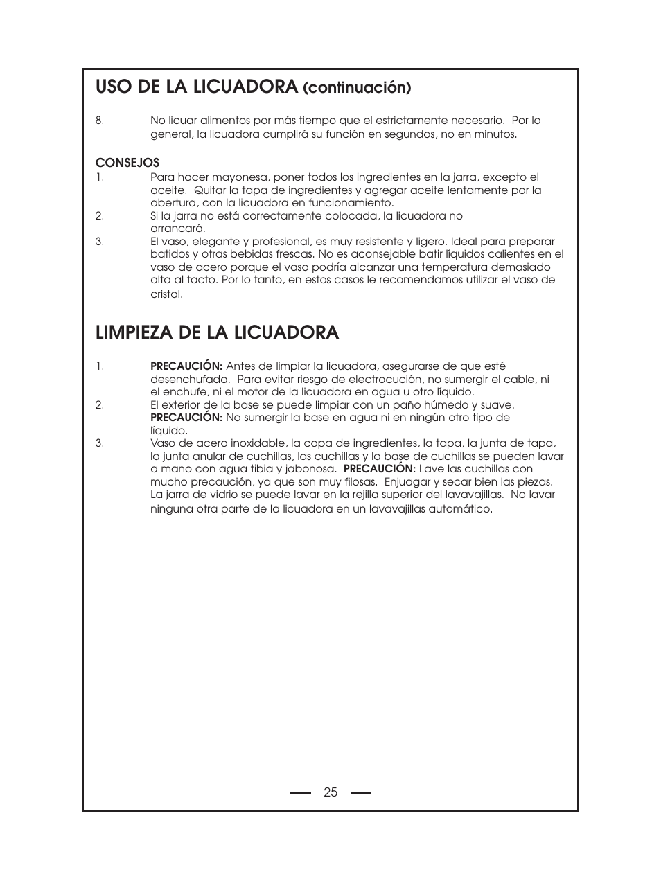 Uso de la licuadora, Limpieza de la licuadora, Continuación) | DeLonghi DBL750 Series User Manual | Page 25 / 40