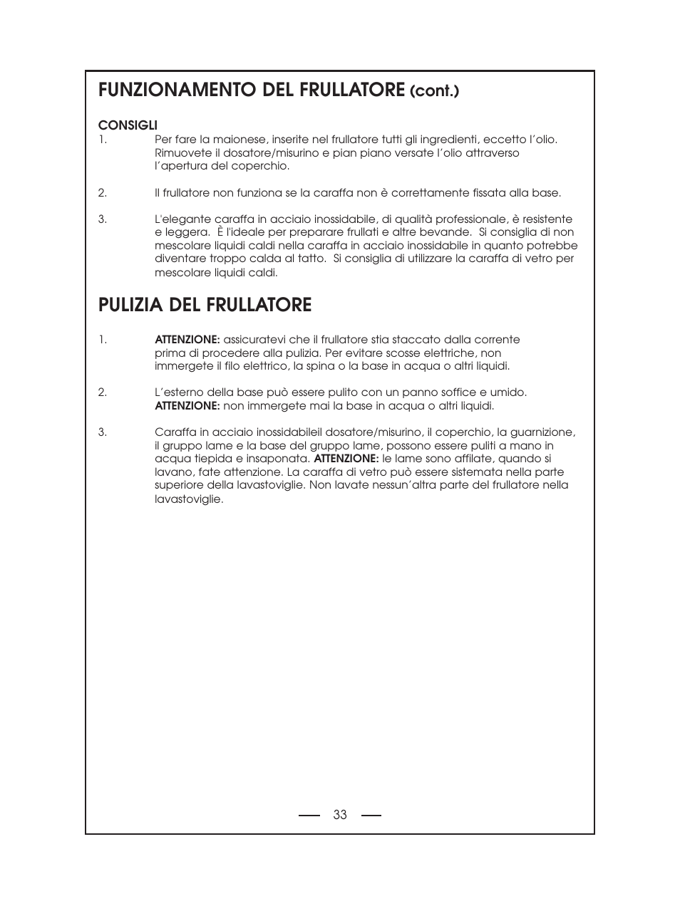 Funzionamento del frullatore, Pulizia del frullatore, Cont.) | DeLonghi DBL750 Series User Manual | Page 33 / 40