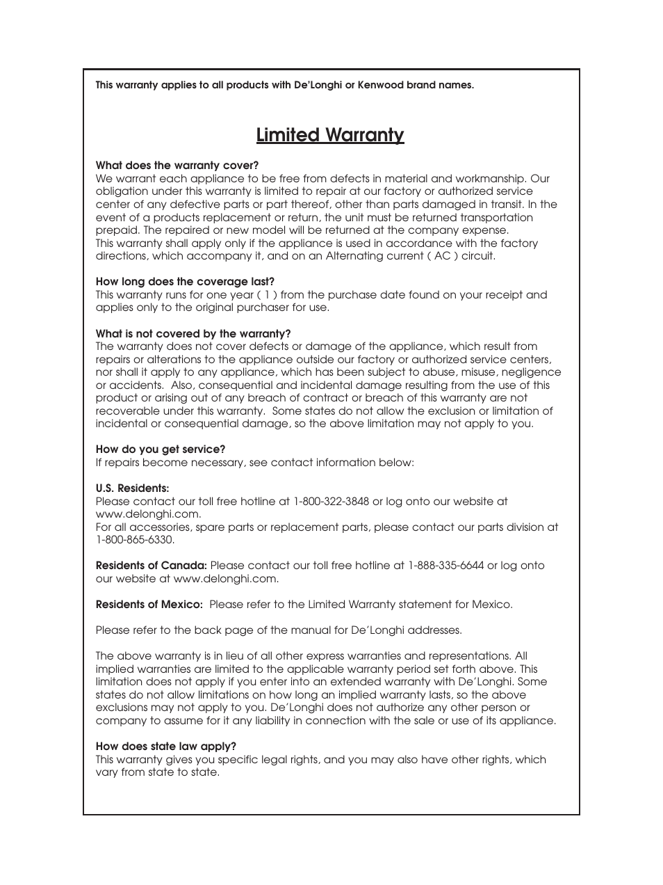 Limited warranty | DeLonghi DBL750 Series User Manual | Page 34 / 40