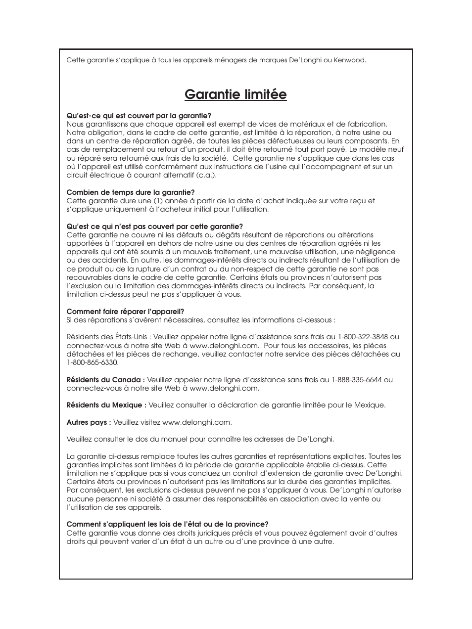 Garantie limitée | DeLonghi DBL750 Series User Manual | Page 35 / 40