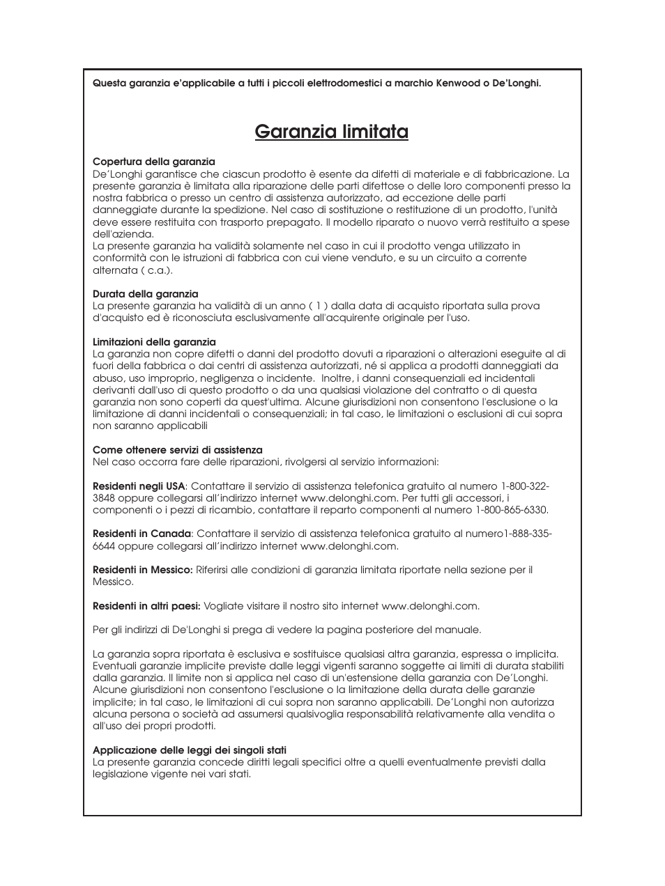 Garanzia limitata | DeLonghi DBL750 Series User Manual | Page 37 / 40