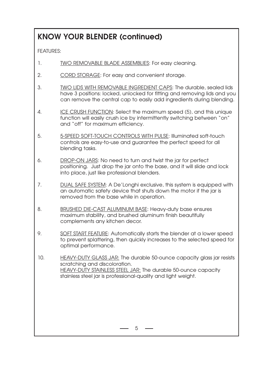 Know your blender (continued) | DeLonghi DBL750 Series User Manual | Page 5 / 40