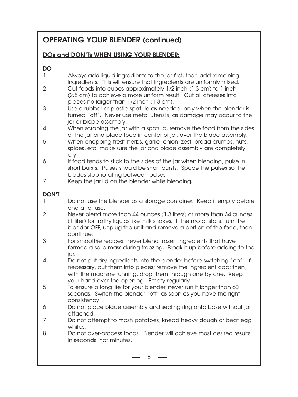 Operating your blender, Continued) | DeLonghi DBL750 Series User Manual | Page 8 / 40