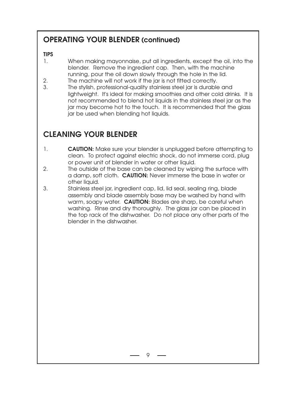 Operating your blender, Cleaning your blender, Continued) | DeLonghi DBL750 Series User Manual | Page 9 / 40