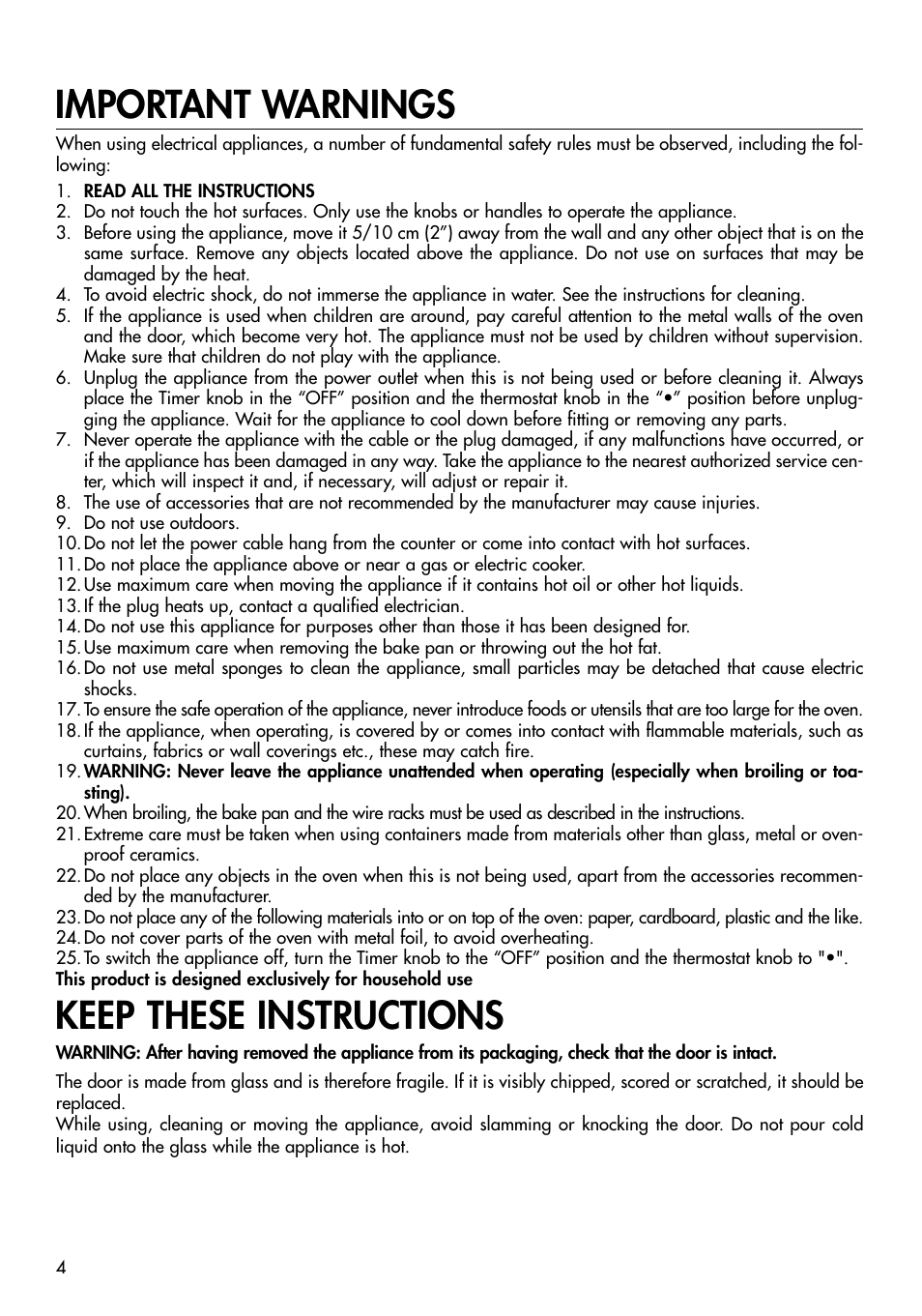 Important warnings, Keep these instructions | DeLonghi RO2058 User Manual | Page 4 / 24