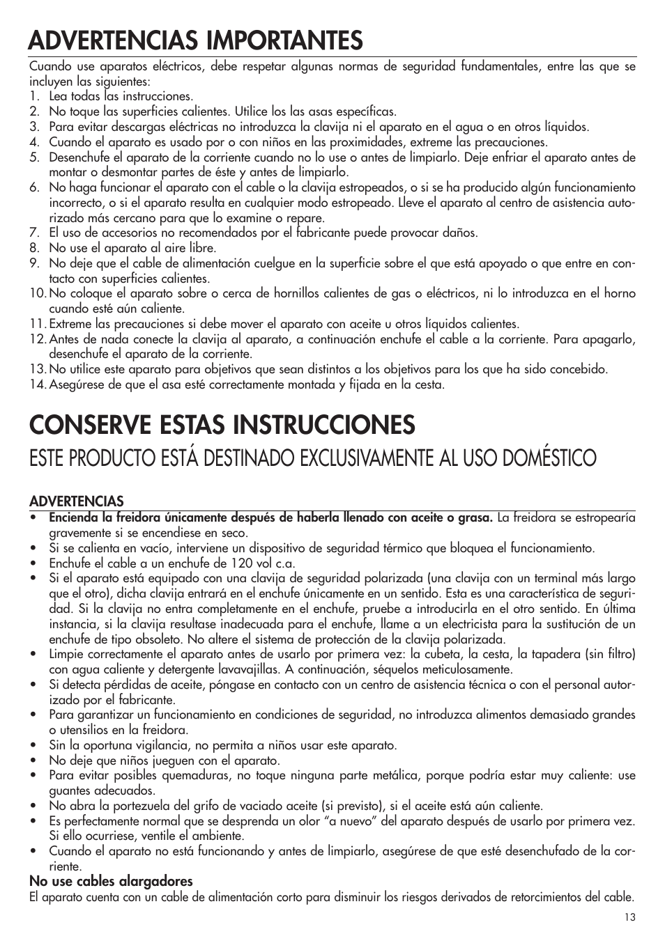 Es-5712510221.pdf, Conserve estas instrucciones, Advertencias importantes | DeLonghi D28313 User Manual | Page 14 / 21