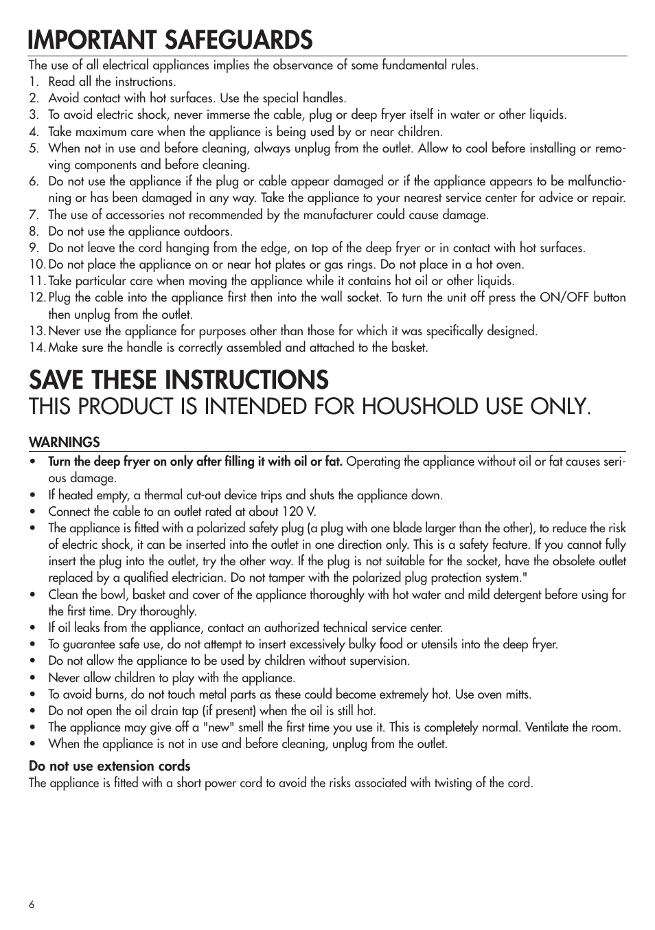 En-5712510221.pdf, Save these instructions, Important safeguards | This product is intended for houshold use only | DeLonghi D28313 User Manual | Page 7 / 21