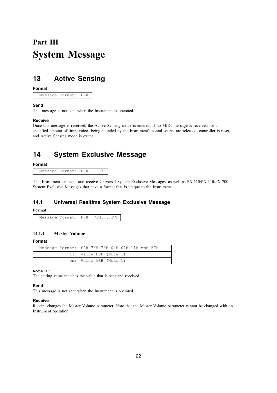 System message, Part iii, 13 active sensing | 14 system exclusive message | Casio PX-700 User Manual | Page 22 / 65