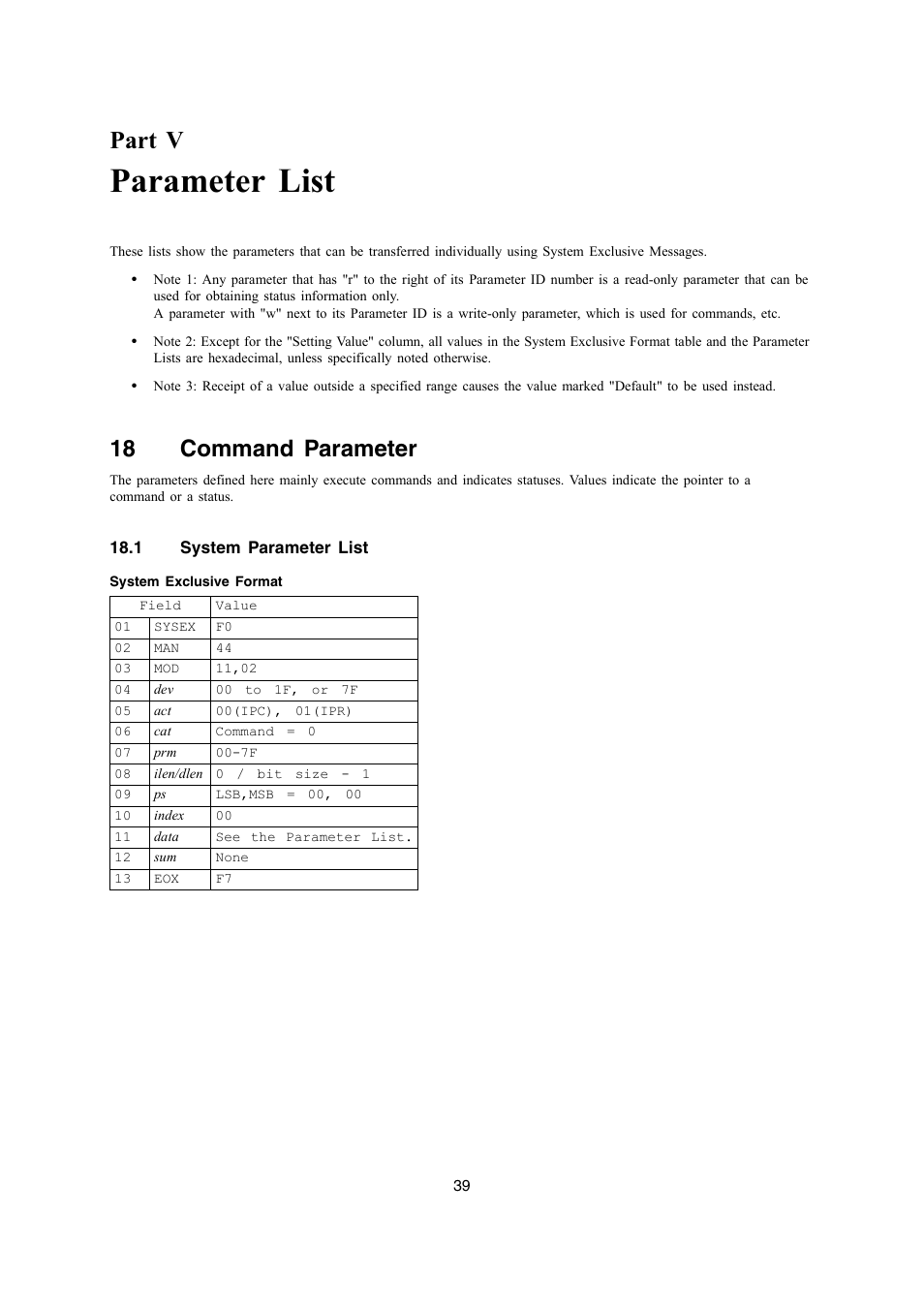 Parameter list, Part v, 18 command parameter | Casio PX-700 User Manual | Page 39 / 65
