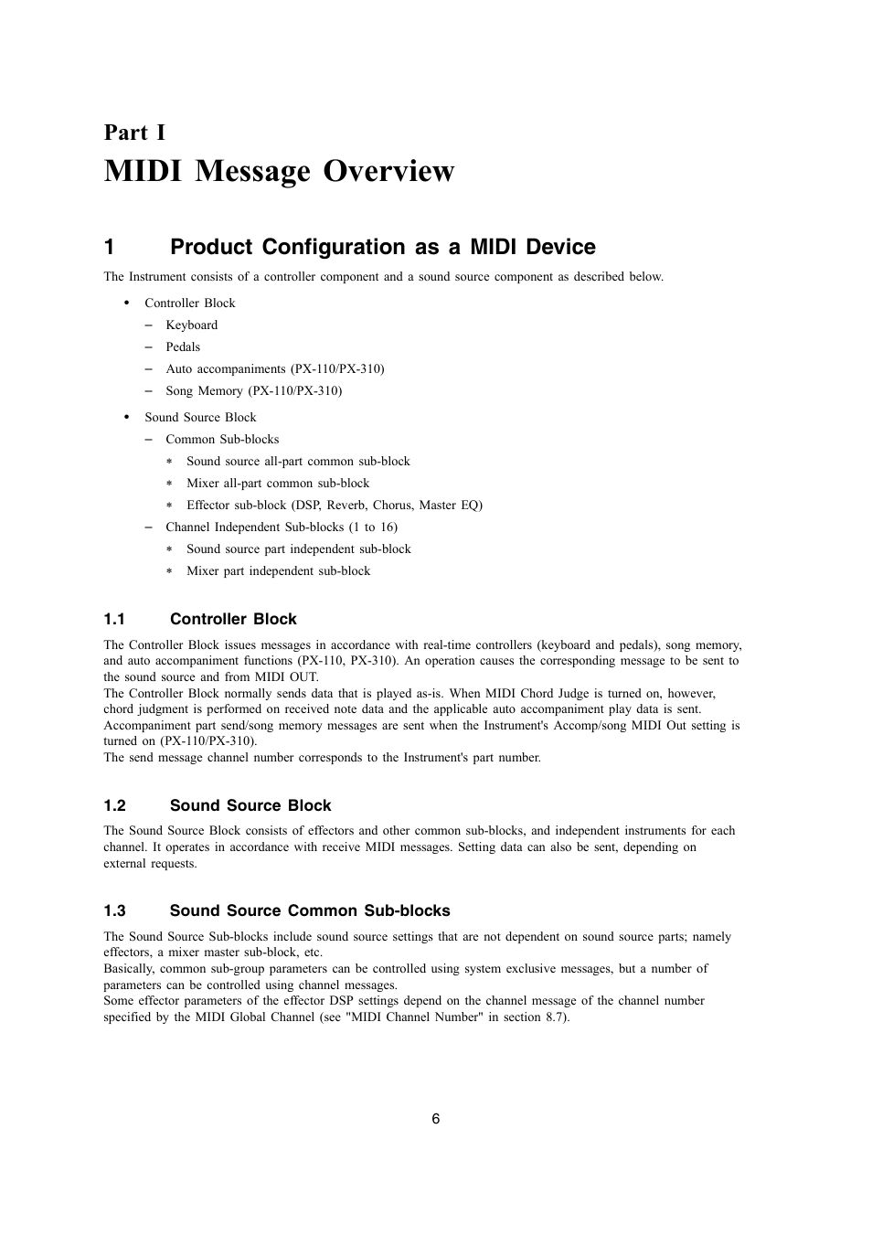Midi message overview, Part i, 1product configuration as a midi device | Casio PX-700 User Manual | Page 6 / 65