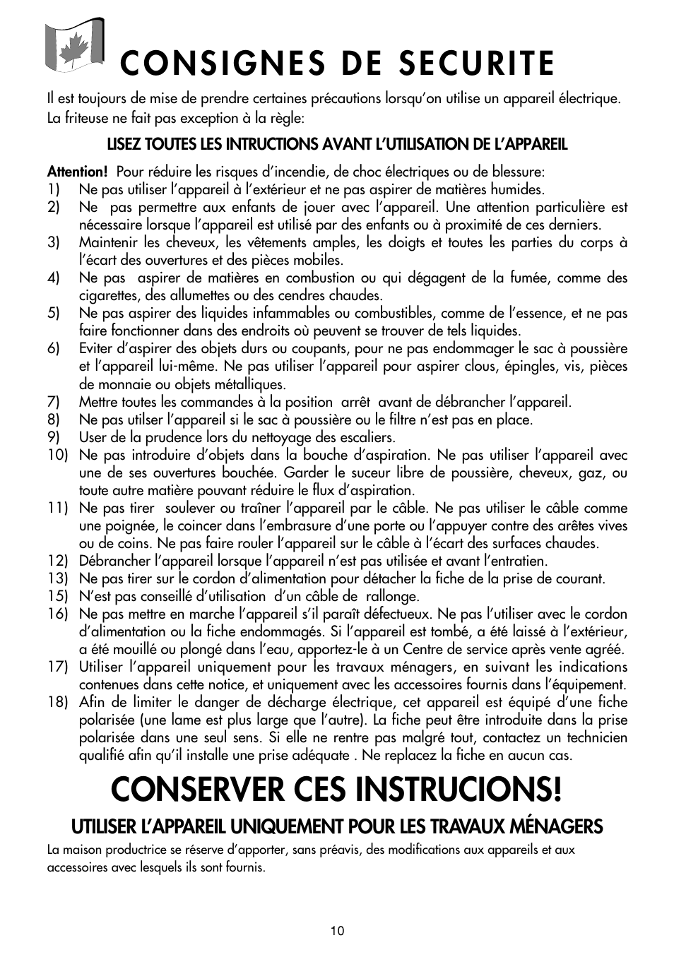 Conserver ces instrucions | DeLonghi Upright Vacuum Cleaner User Manual | Page 10 / 17