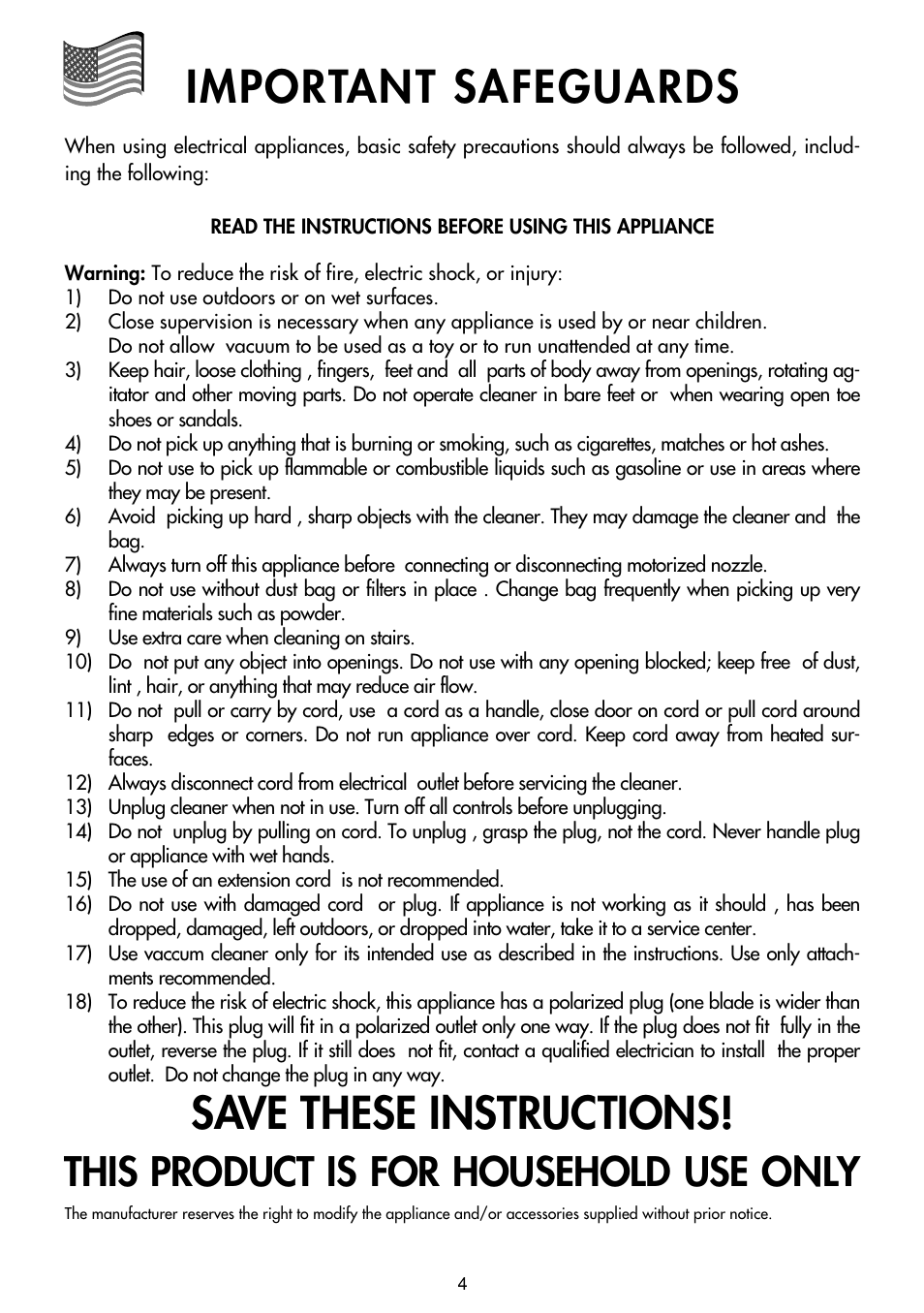 Important safeguards, Save these instructions, This product is for household use only | DeLonghi Upright Vacuum Cleaner User Manual | Page 4 / 17