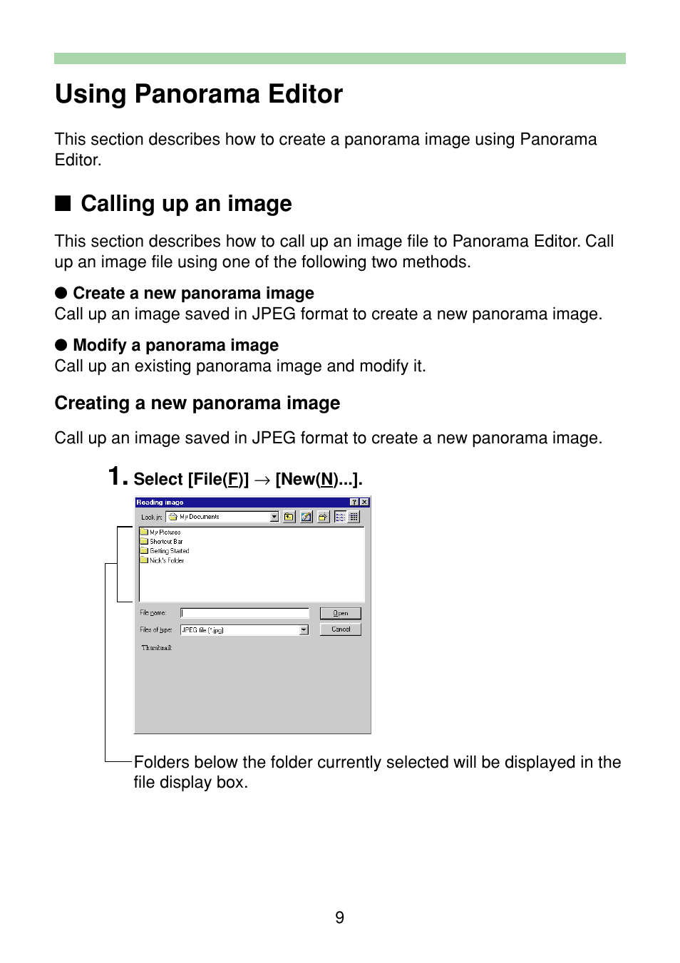 Using panorama editor, Calling up an image, Creating a new panorama image | Casio Panorama Editor User Manual | Page 10 / 35
