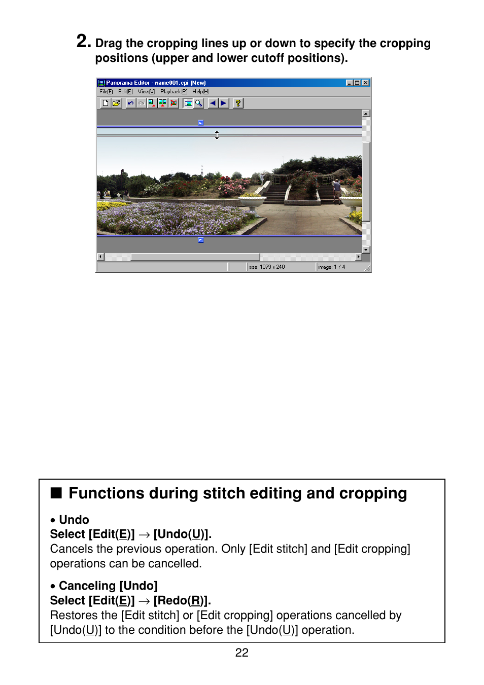 Functions during stitch editing and cropping | Casio Panorama Editor User Manual | Page 23 / 35