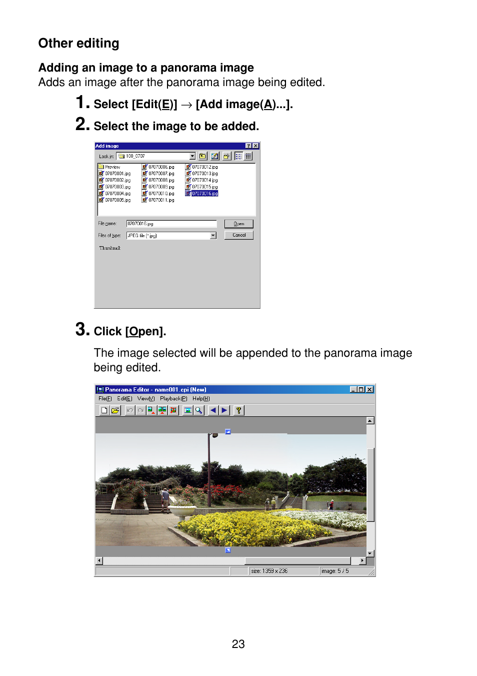 Other editing, Adding an image to a panorama image | Casio Panorama Editor User Manual | Page 24 / 35