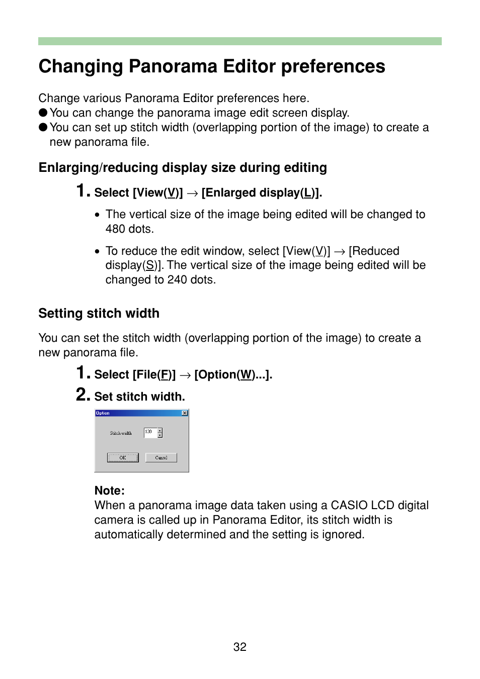 Changing panorama editor preferences, Enlarging/reducing display size during editing, Setting stitch width | Casio Panorama Editor User Manual | Page 33 / 35