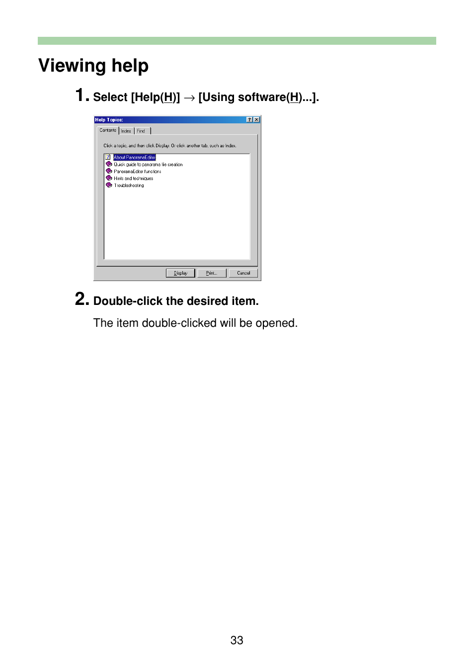 Viewing help, Viewing help 1 | Casio Panorama Editor User Manual | Page 34 / 35