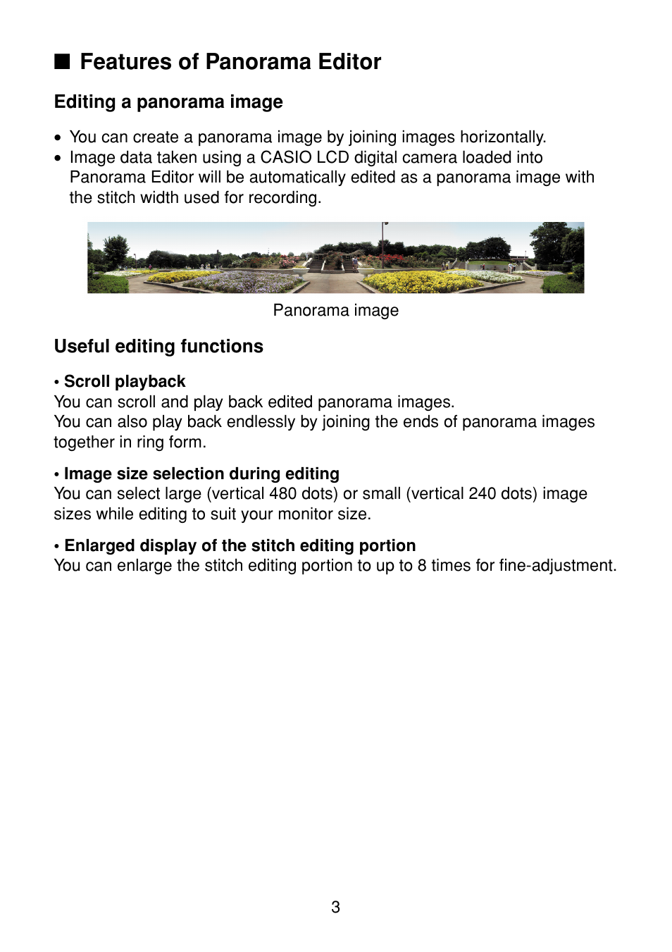 Features of panorama editor, Editing a panorama image, Useful editing functions | Casio Panorama Editor User Manual | Page 4 / 35