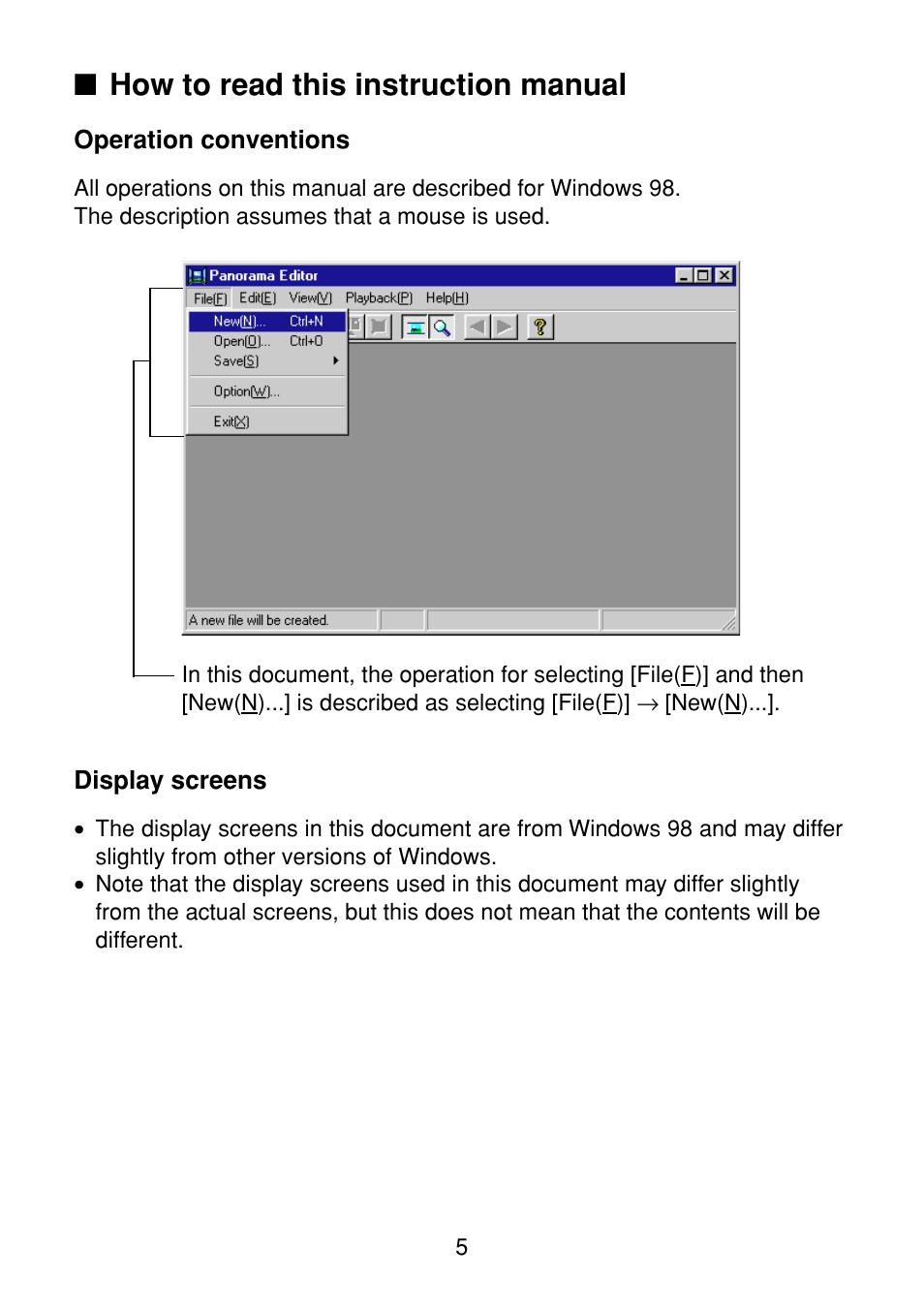 How to read this instruction manual, Operation conventions, Display screens | Casio Panorama Editor User Manual | Page 6 / 35