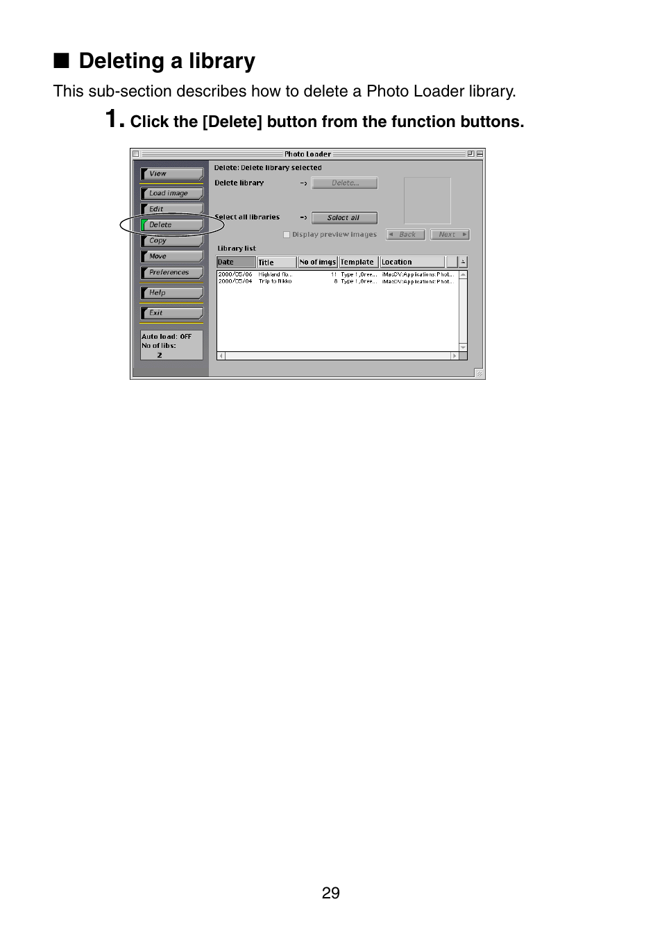 Deleting a library | Casio Photo Loader v.1.1 User Manual | Page 30 / 47