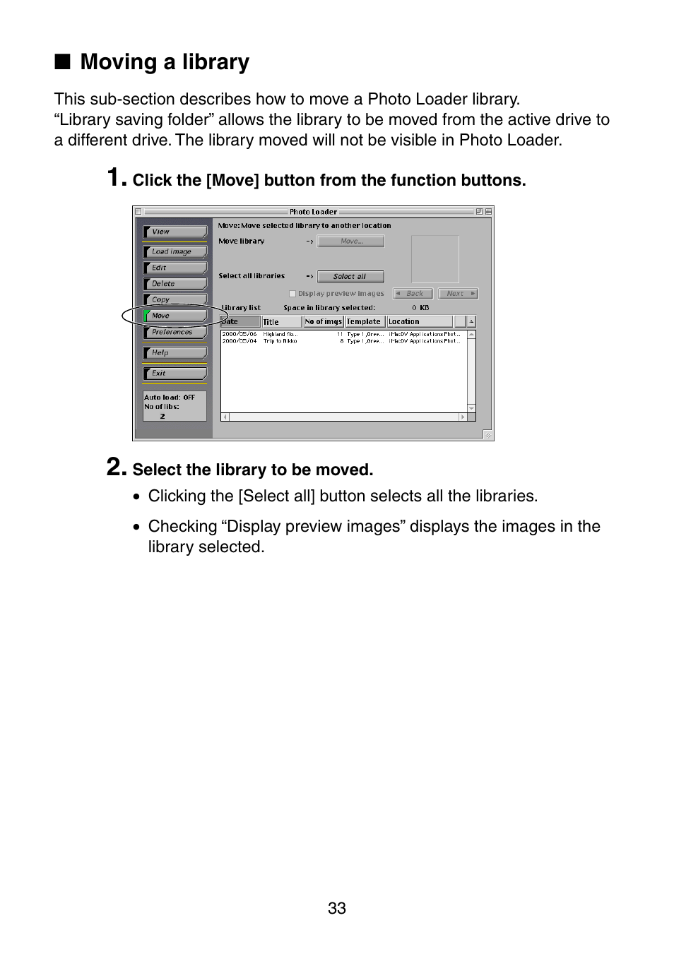 Moving a library | Casio Photo Loader v.1.1 User Manual | Page 34 / 47
