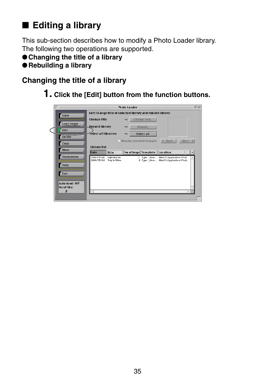 Editing a library, Changing the title of a library | Casio Photo Loader v.1.1 User Manual | Page 36 / 47