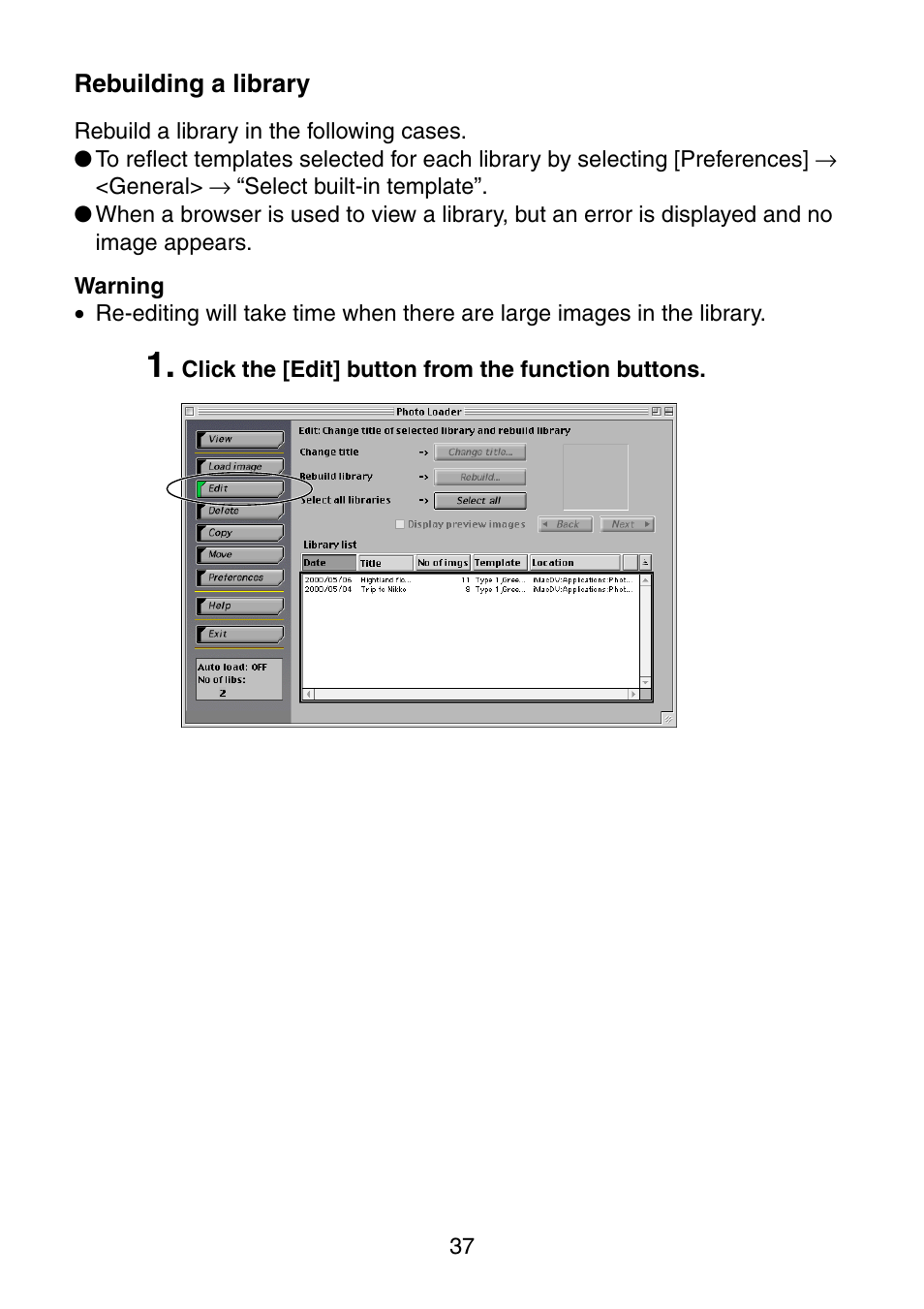 Rebuilding a library | Casio Photo Loader v.1.1 User Manual | Page 38 / 47