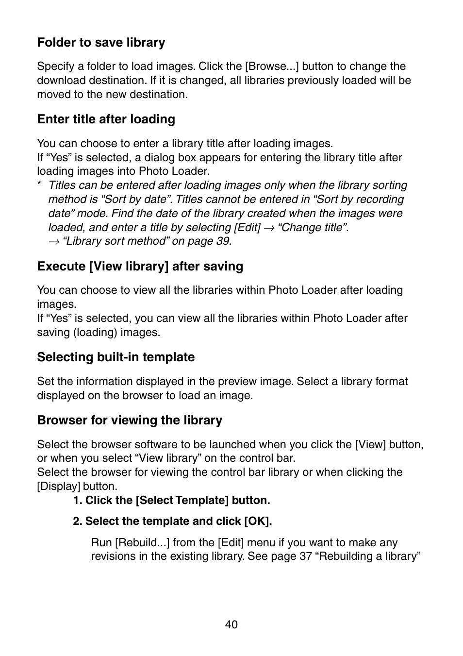 Folder to save library, Enter title after loading, Execute [view library] after saving | Selecting built-in template, Browser for viewing the library | Casio Photo Loader v.1.1 User Manual | Page 41 / 47