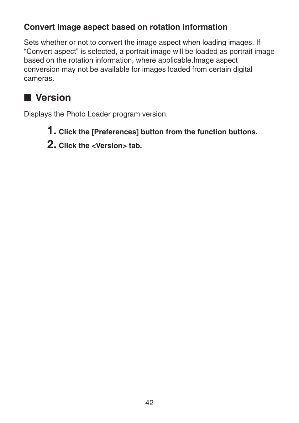 Convert image aspect based on rotation information, Version | Casio Photo Loader v.1.1 User Manual | Page 43 / 47