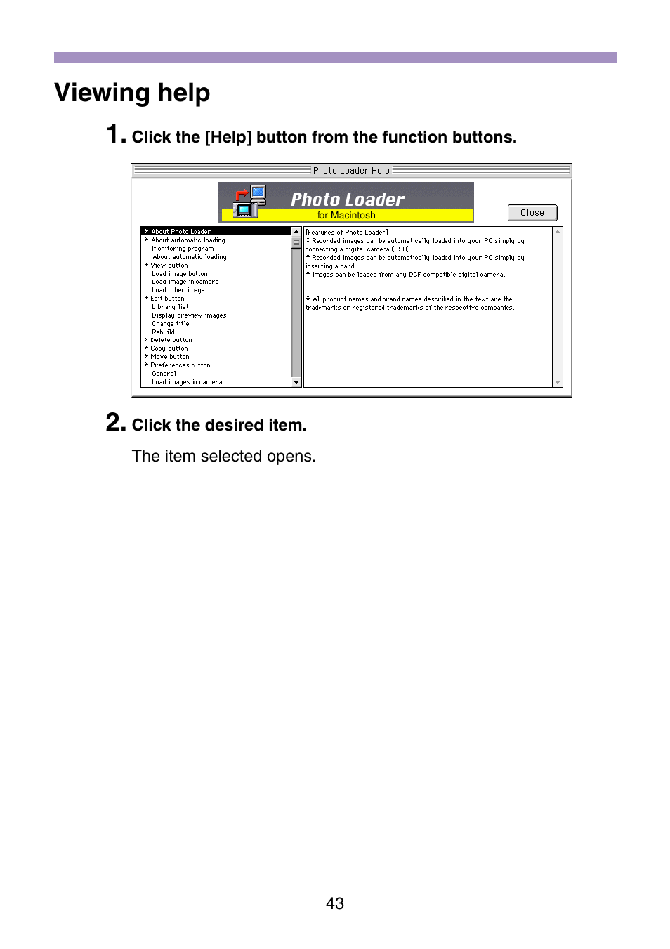 Viewing help, Viewing help 1 | Casio Photo Loader v.1.1 User Manual | Page 44 / 47