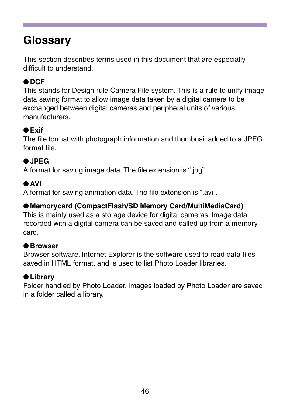 Glossary | Casio Photo Loader v.1.1 User Manual | Page 47 / 47