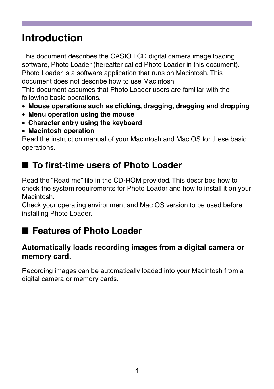 Introduction, To first-time users of photo loader, Features of photo loader | Casio Photo Loader v.1.1 User Manual | Page 5 / 47