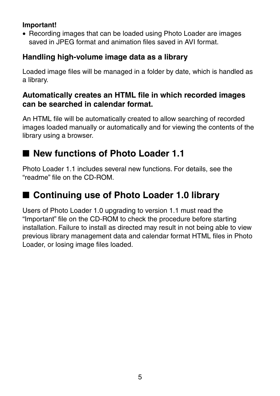 Handling high-volume image data as a library, New functions of photo loader 1.1, Continuing use of photo loader 1.0 library | Casio Photo Loader v.1.1 User Manual | Page 6 / 47