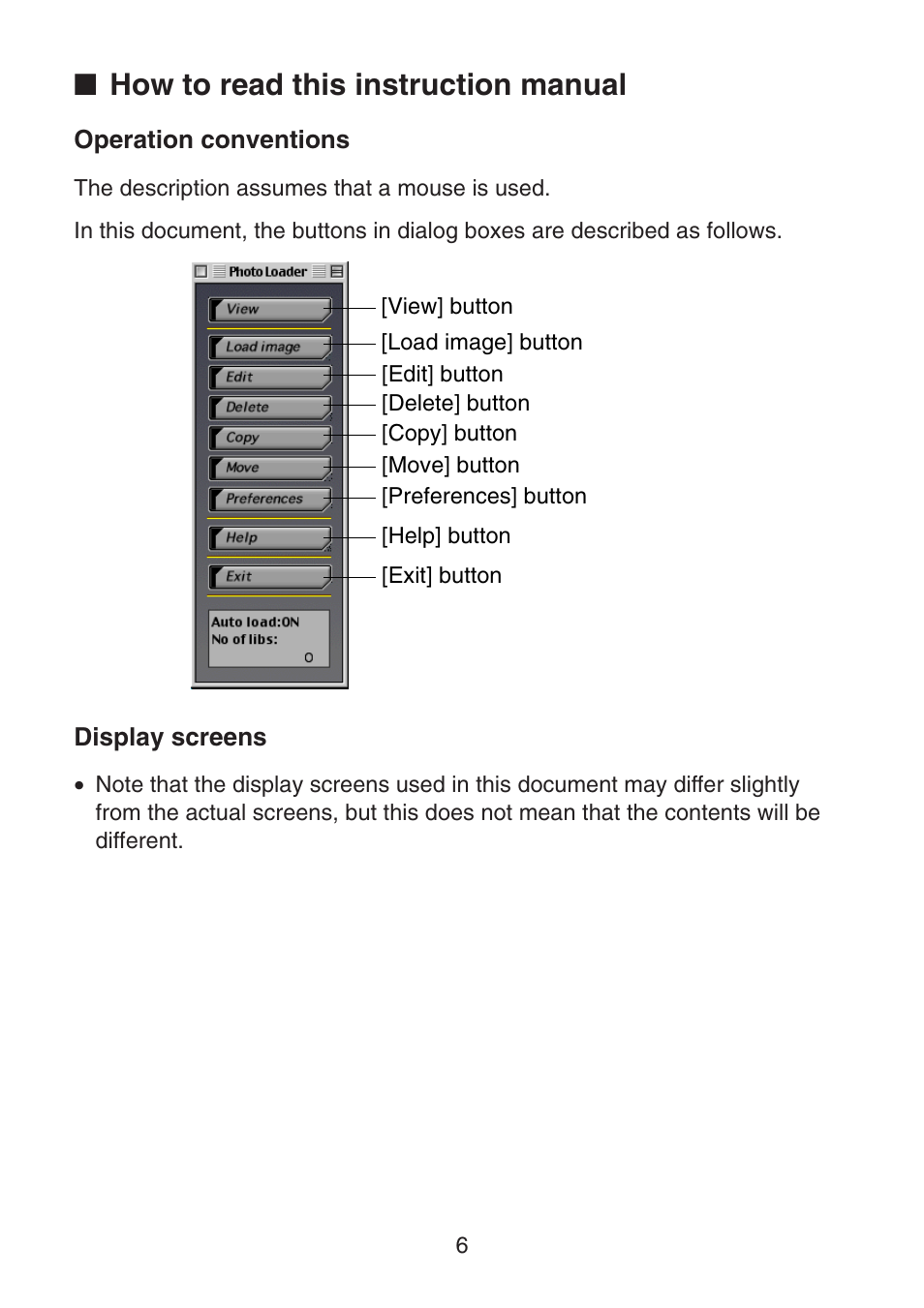 How to read this instruction manual, Operation conventions, Display screens | Casio Photo Loader v.1.1 User Manual | Page 7 / 47