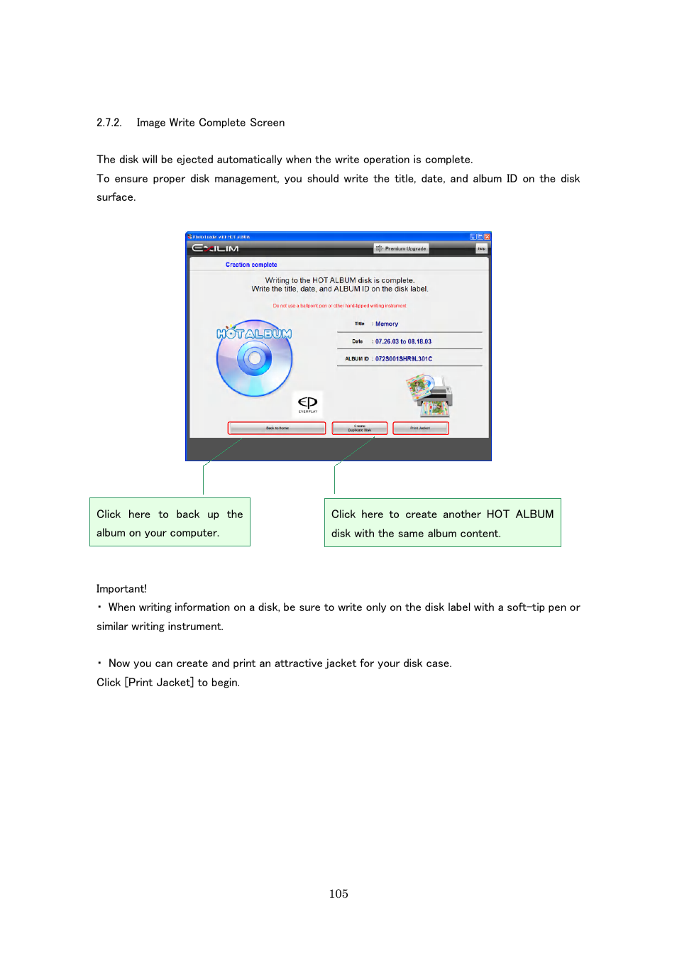 Image write complete screen | Casio Photo Loader with HOT ALBUM User Manual | Page 105 / 174