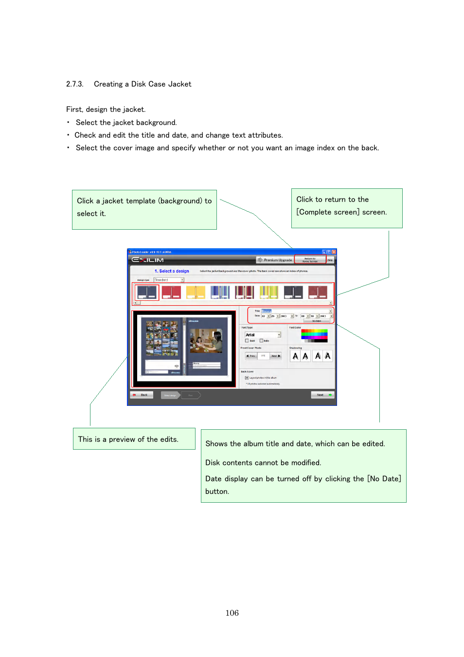 Creating a disk case jacket | Casio Photo Loader with HOT ALBUM User Manual | Page 106 / 174