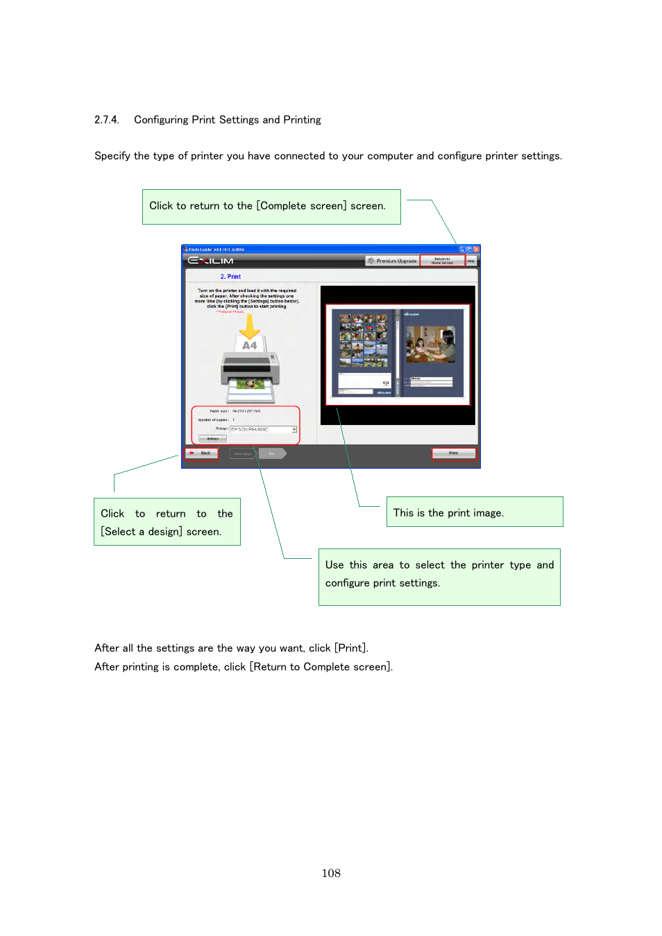 Configuring print settings and printing | Casio Photo Loader with HOT ALBUM User Manual | Page 108 / 174