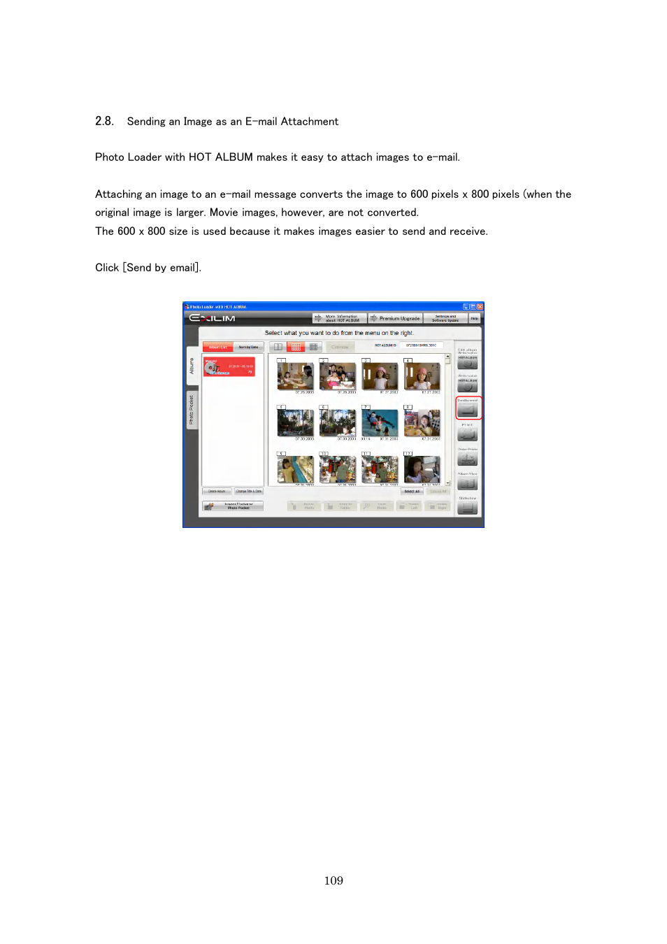 Sending an image as an e-mail attachment | Casio Photo Loader with HOT ALBUM User Manual | Page 109 / 174